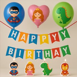 Birthday – child (Helium balloons, ‘Happy Birthday’ garlands, candles -themes: superheroes, princesses, etc.) - AED 280